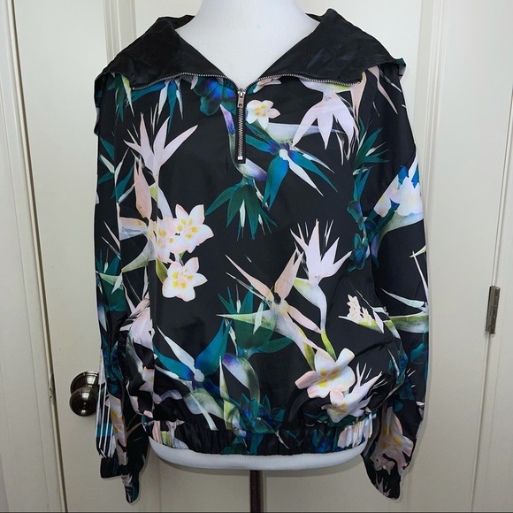Forever 21 Black Tropical Half Zip Hooded Jacket S - Picture 2 of 12